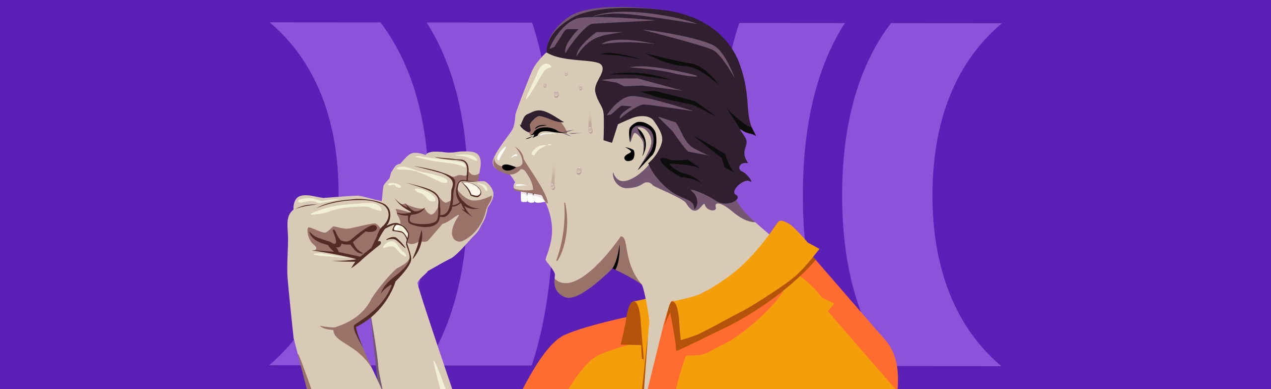graphic illustration of the profile view of an excited man with his fists in the air and roaring with happiness. there are drops of light sweat on his forehead