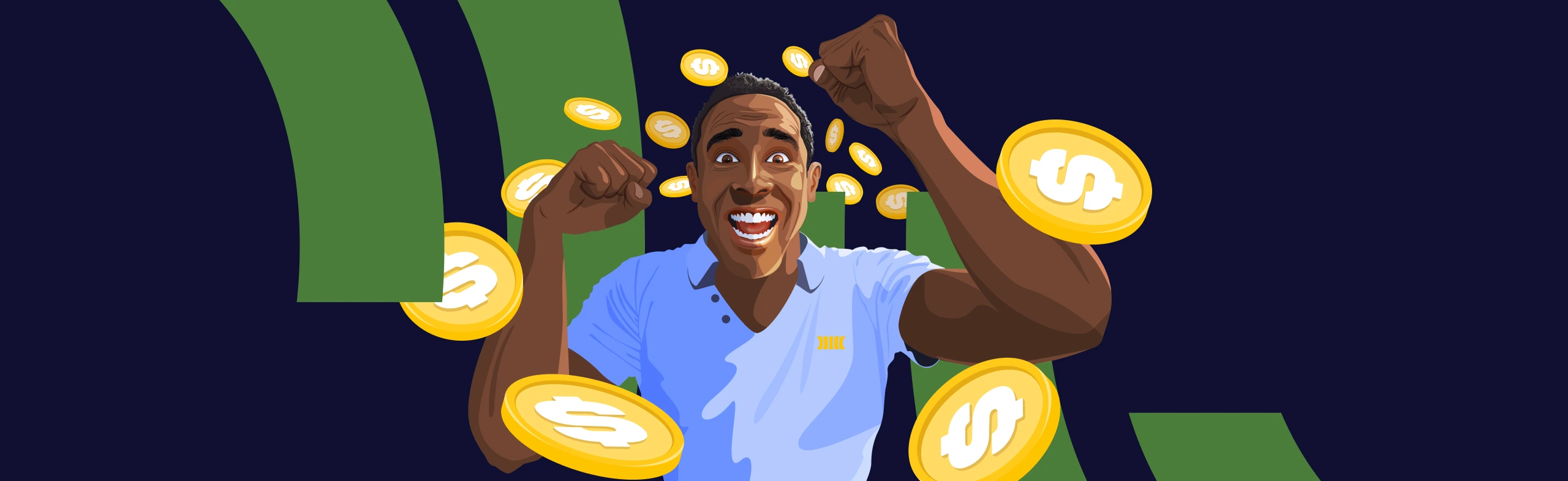 a man raises his fists in excitement. his mouth is open in a big smile. bitcoin coins float around him