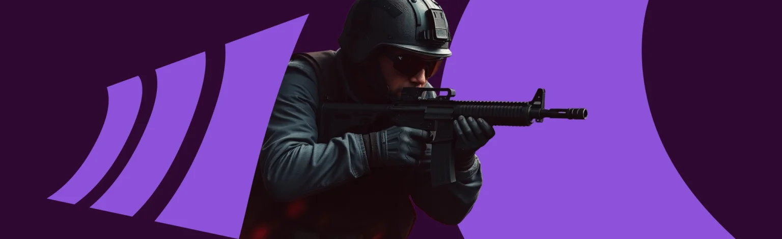 a soldier wearing a helmet and goggles carrying a rifle in ready position like he's in the middle of a raid