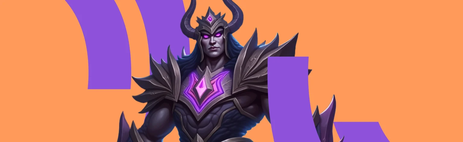 graphic illustration of a purple demon with horns and armour reminiscent of the league of legends video game style