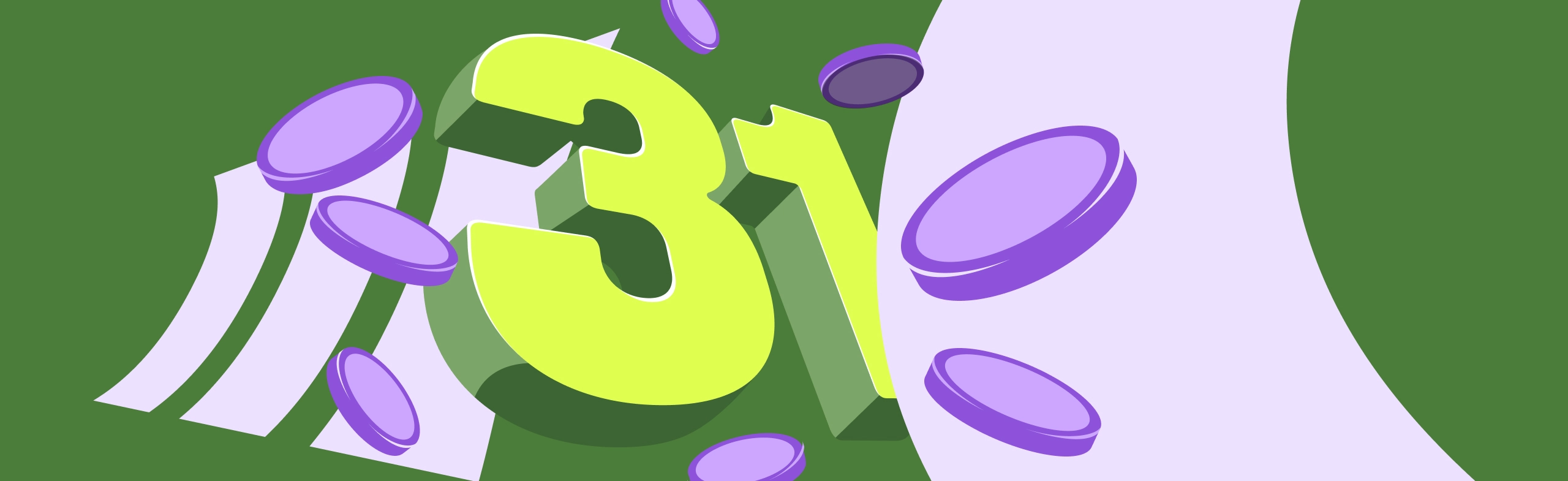 a graphic illustration of a blocky, neon green coloured number 31 with purple coins falling around it