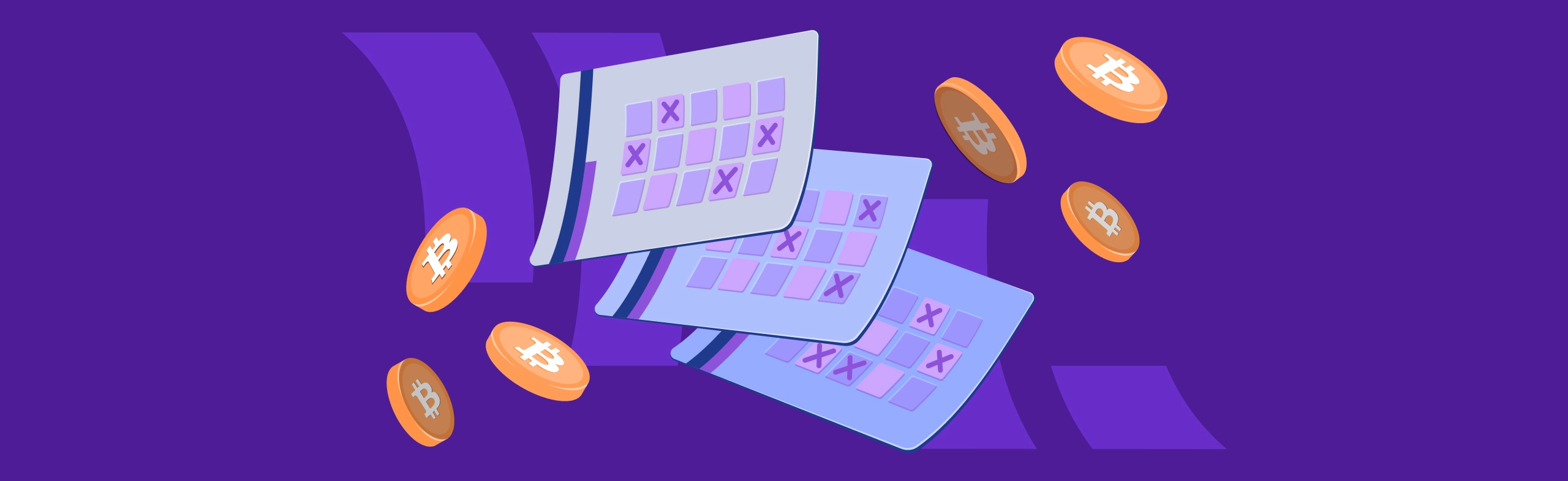 graphic illustration of scratch cards with X's on various squares in the grid. bitcoin coins float around the tickets