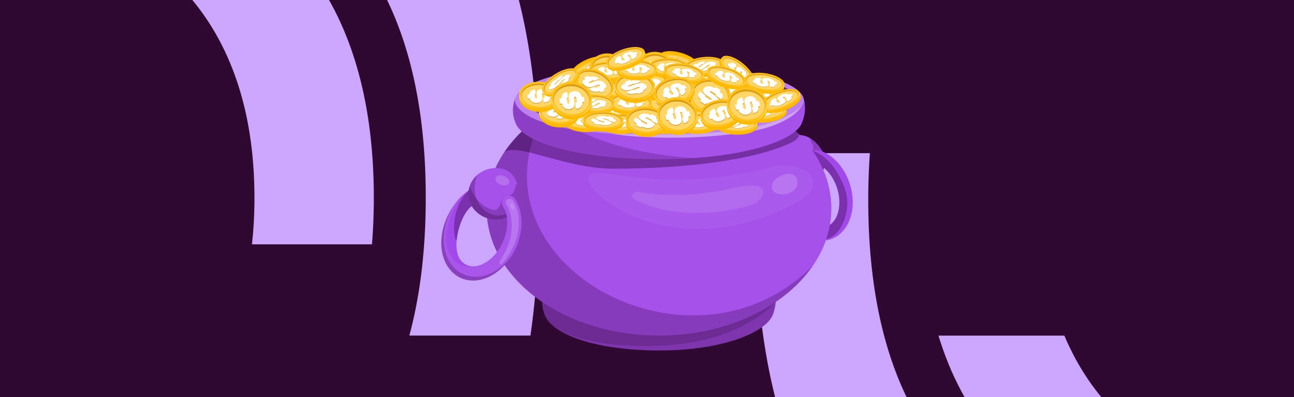 graphic illustration of a purple pot filled with gold coins