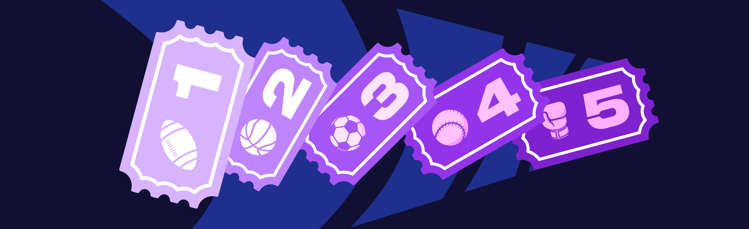 graphic illustration of cinema style tickets numbered from 1 to 5 with items from various sports on them, like a tennis ball, boxing glove, basketball, etc.