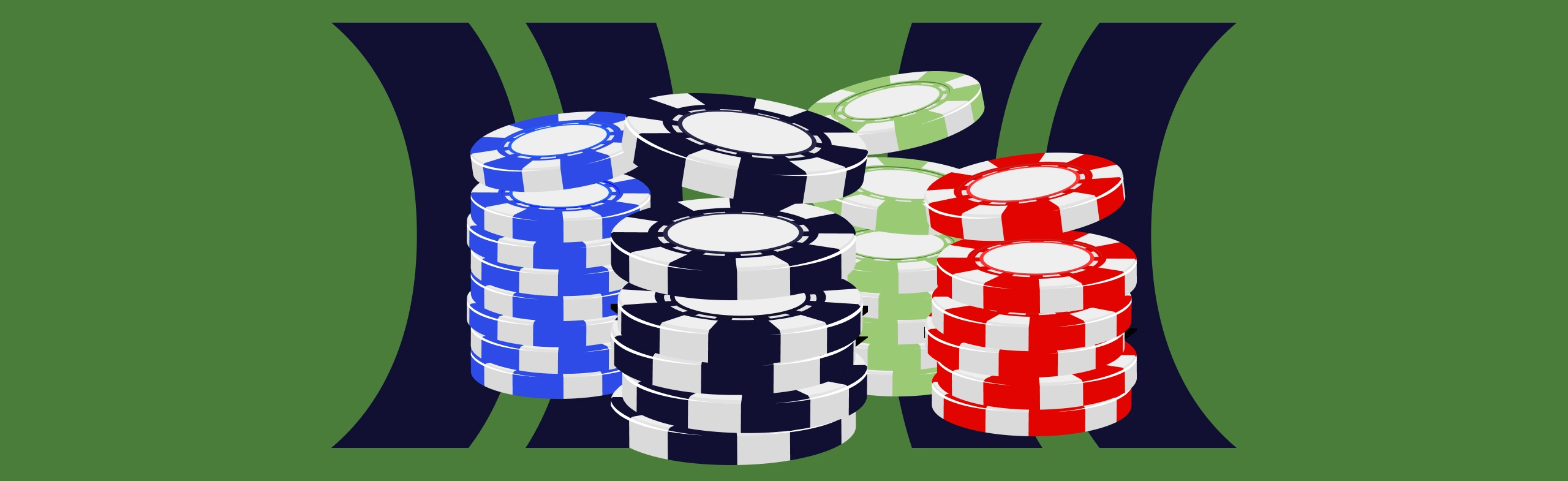 graphic illustration of four stacks of poker chips, one blue, one black, one lime green, and one bright red