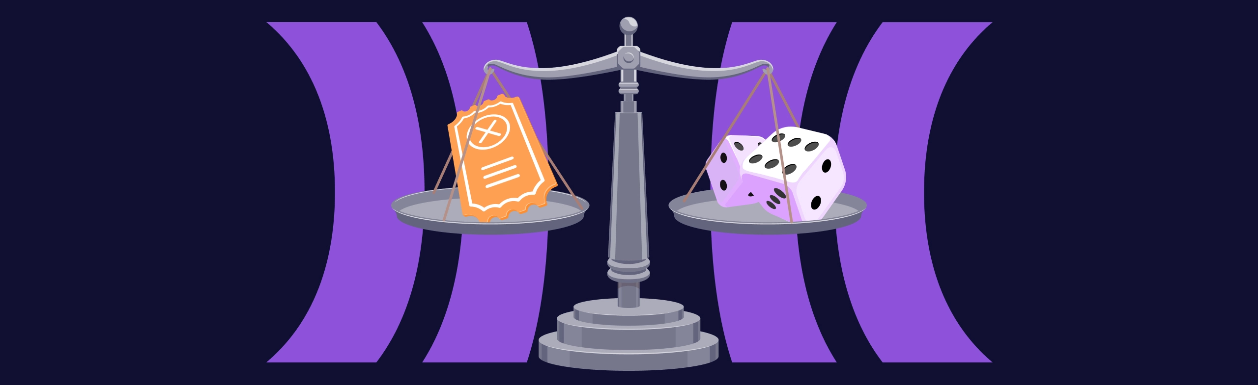 graphic illustration of a silver scale with an orange betslip showing an X on one side and a pair of die on the other side