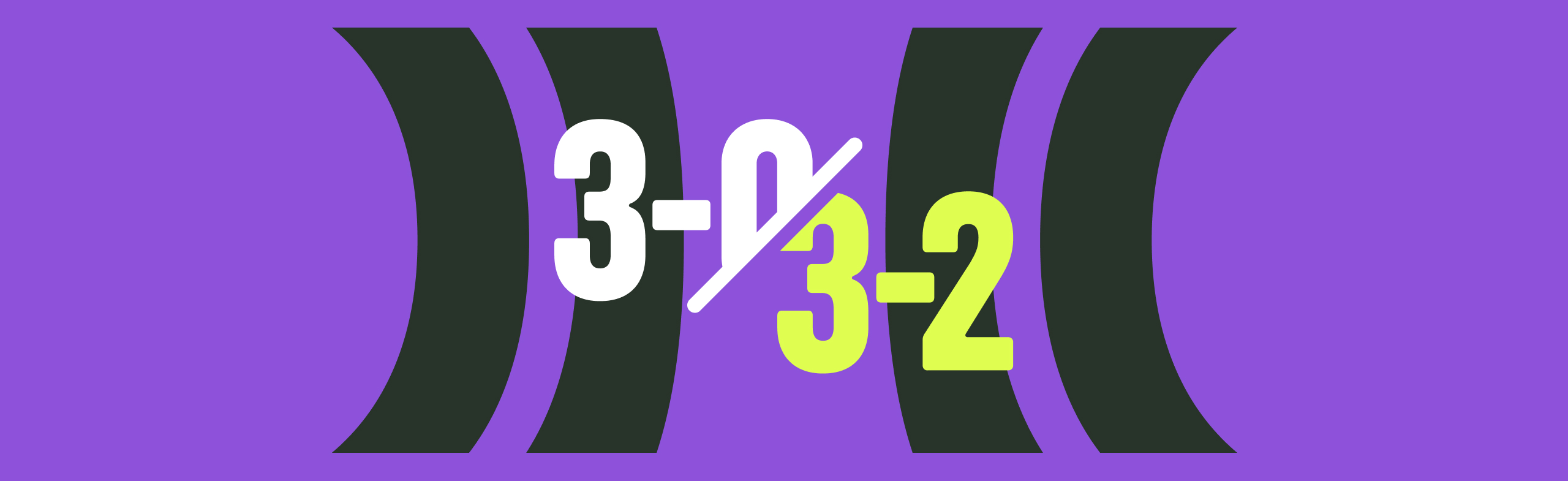 graphic illustration of two teams' final scores. score of 3 - 0 separated by a line from score of 3-2.
