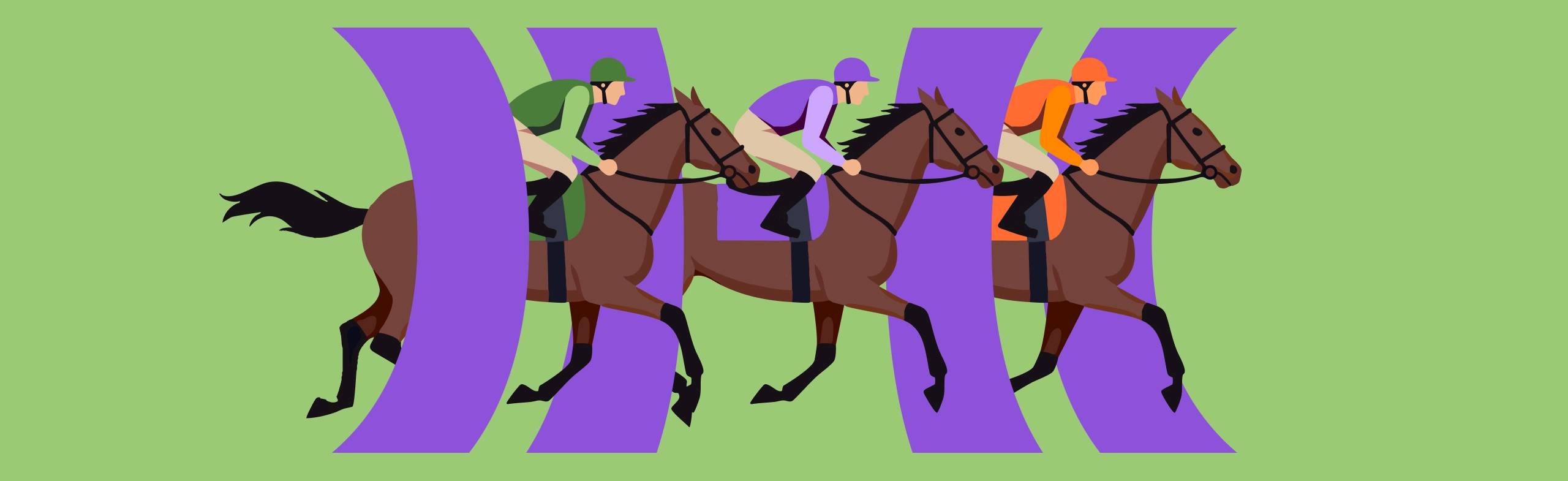 graphic illustration of 3 horses ridden by jockeys. the jockeys are wearing monotone outfits, one in green, one in purple, and one in orange