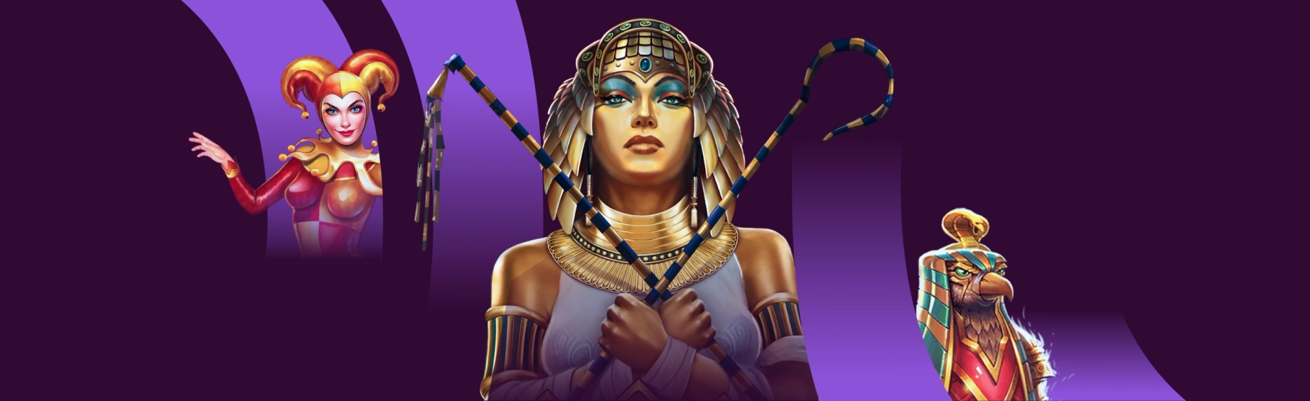 three characters from popular penny slots, cleopatra in the middle, woman jester dressed in an orange and red hat, and a bird in egyptian clothing