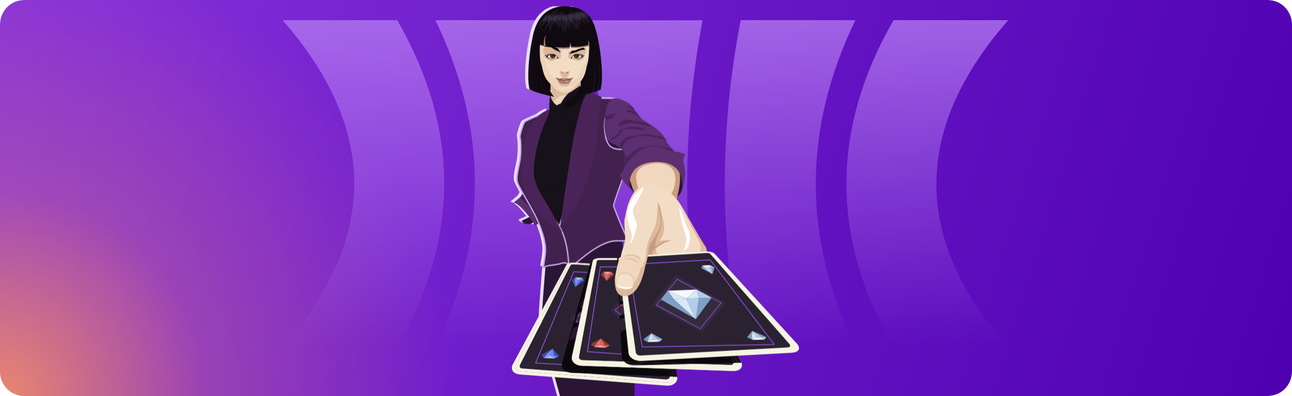 Cloudbet VIP Host Renee reaches out toward the screen with three playing cards in her hand. Different coloured gems on the card represent the Cloudbet VIP loyalty tiers. Renee is dressed as a croupier with a purple vest.